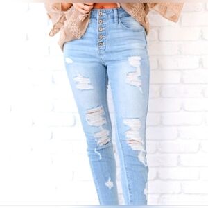 Kancan At Last Distressed Button Fly Skinny Jeans